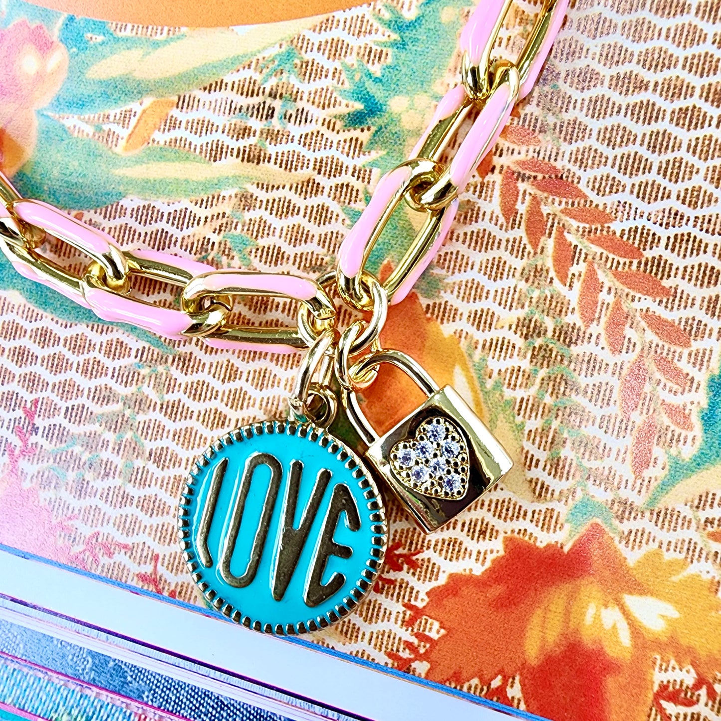 Love Lock Pink/Aqua Blue Necklace