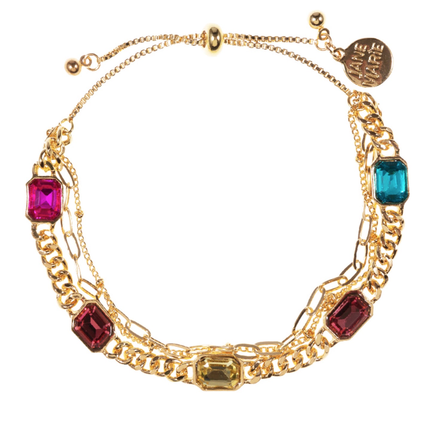 Gold Hot Pink, Blue, Yellow Crystals 3 Layer Bracelet