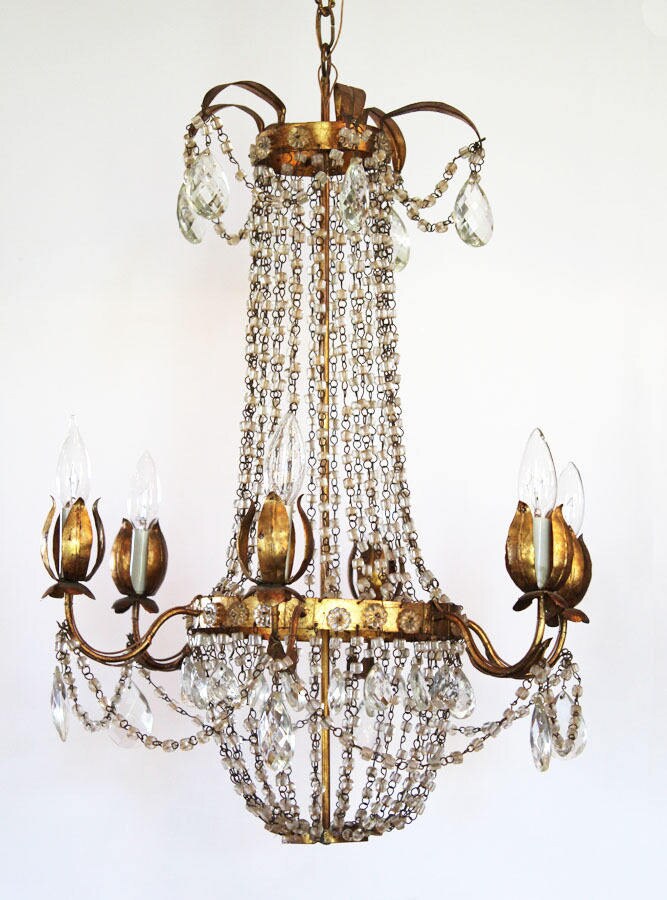 Antique Italian Tole Macaroni Beaded Empire Chandelier Rare