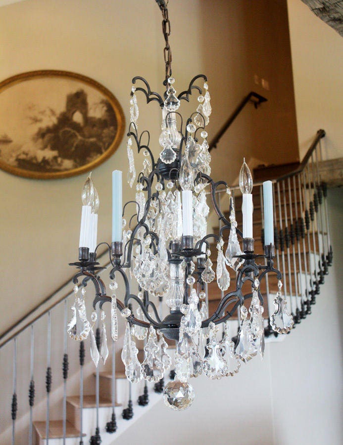 Late 1800s Incredible Antique Bronze Crystal with Spire Electric Chandelier