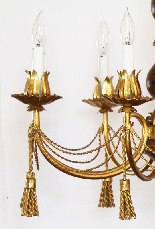Antique Italian Tole Gilt Metal Tassles Chandelier