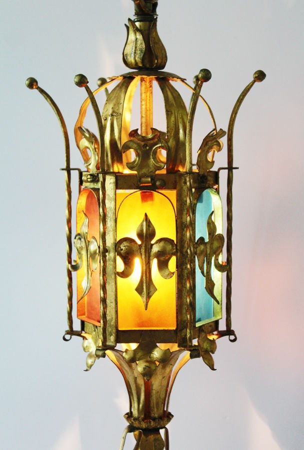 Pair Italian Tole Crown Table Lamps w/Stain Glass Antique Vintage Gilt Metal