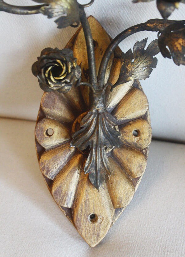 Rare Antique Italian Carved Wood and Tole Wall Sconce Pair