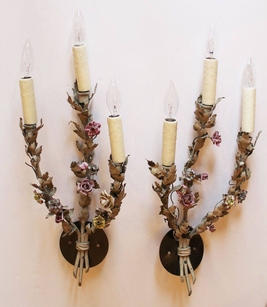 Rare French Tole Porcelain Roses and Old Grey Paint Wall Sconces
