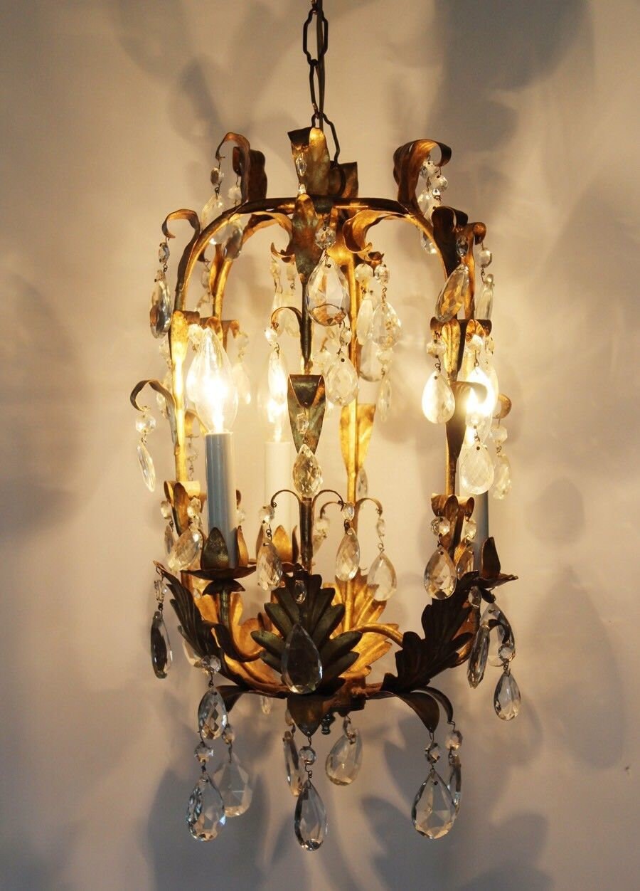 Antique Italian Tole Crystal Prisms Gilt Chandelier Birdcage Style