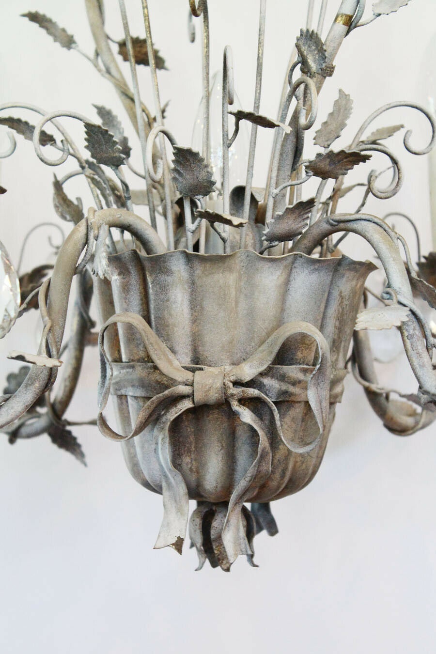 Rare Antique Italian Tole Flower Basket Silver Gilt Chandelier