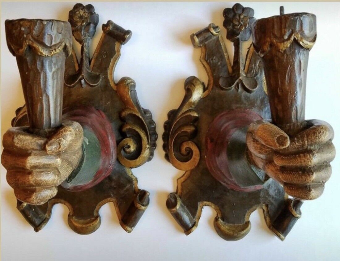 Pair Antique Italian Wood Hand Carved Hand Sconces Rare And Gorgeous