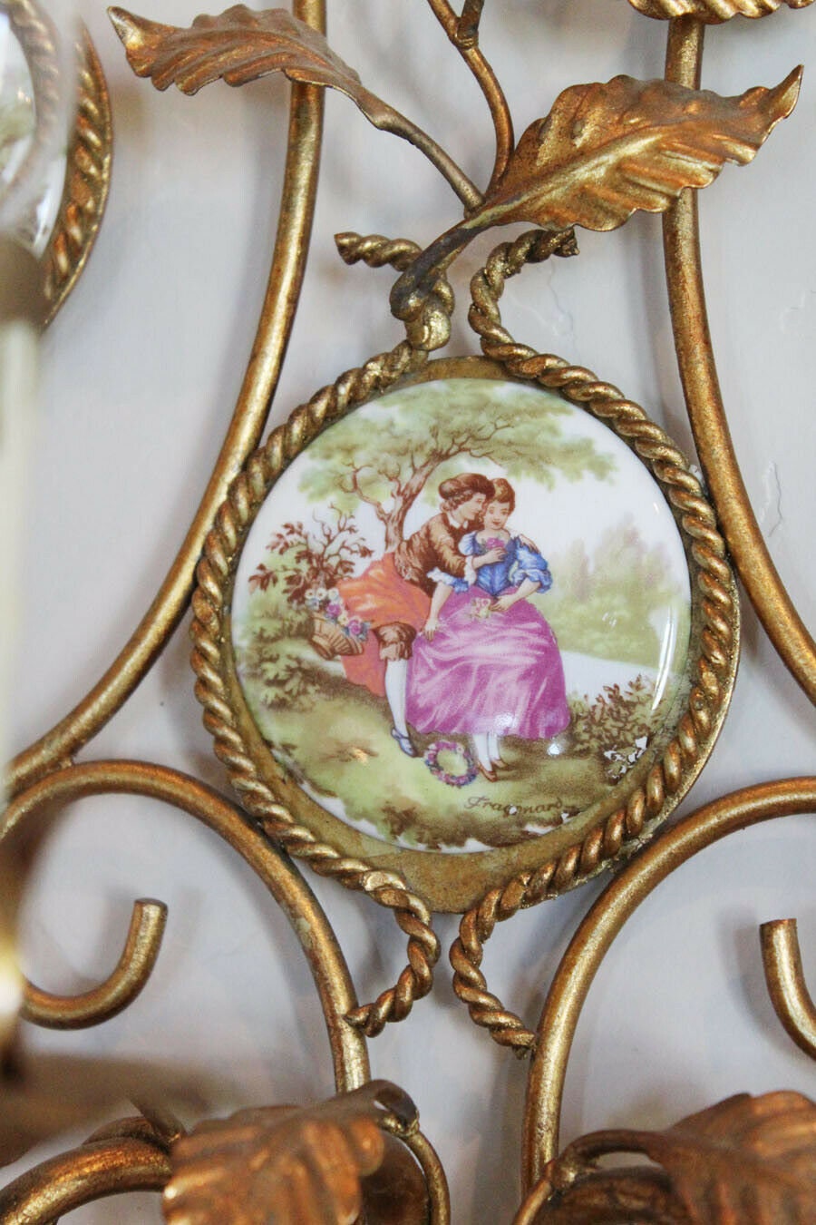 Pair Antique Made in Italy Porcelain Cameo Romance Scenes Wall Sconces