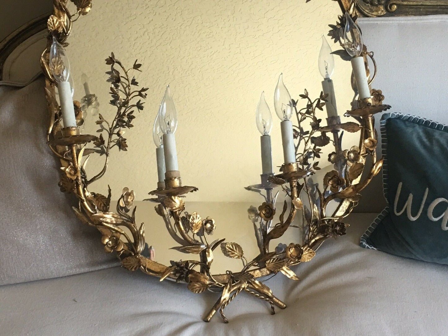 Rare Antique Italian Tole Lighted Mirror Sconce Incredible