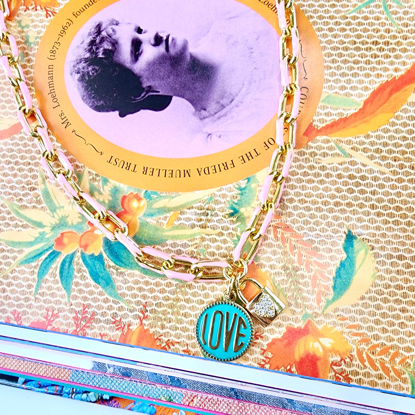 Love Lock Pink/Aqua Blue Necklace
