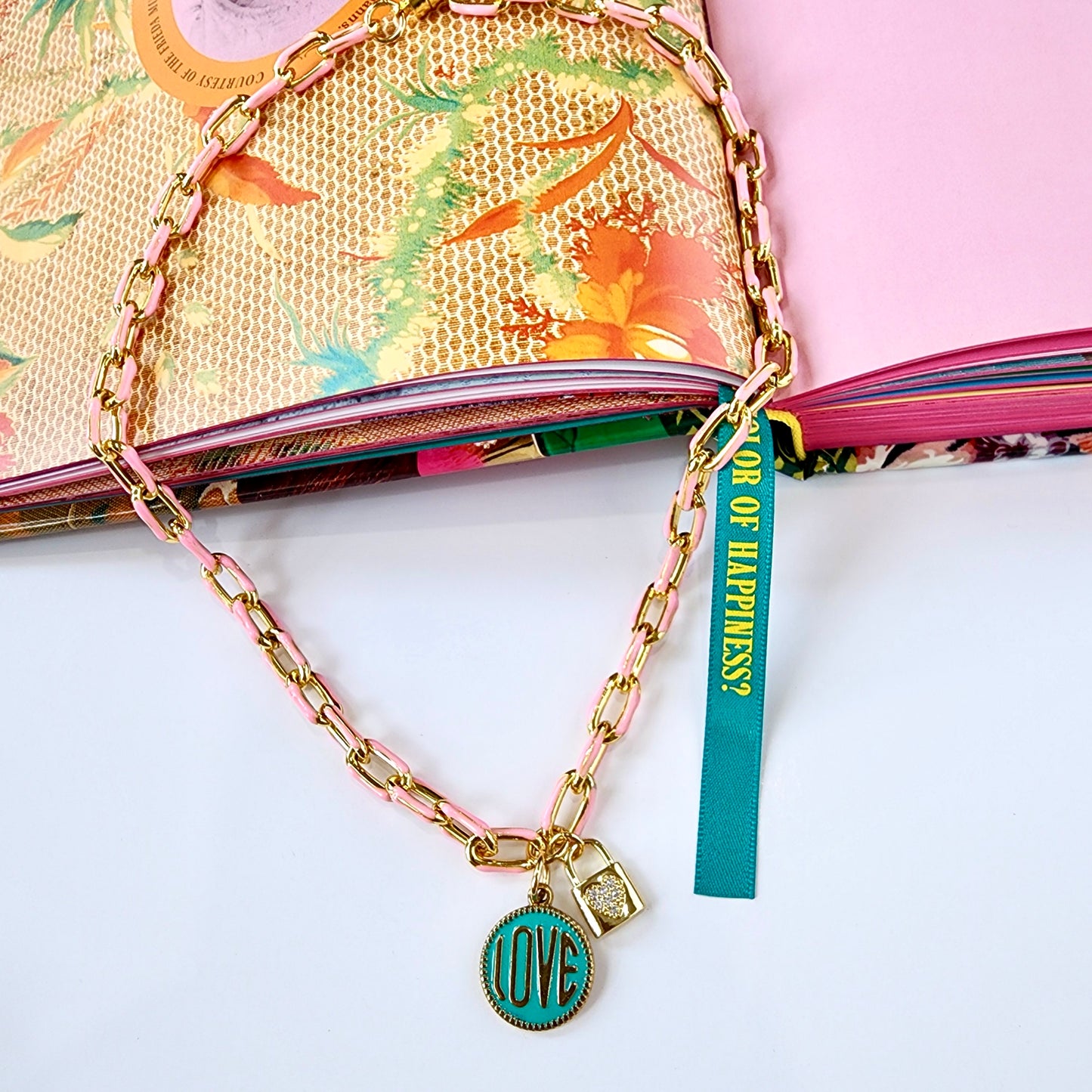 Love Lock Pink/Aqua Blue Necklace