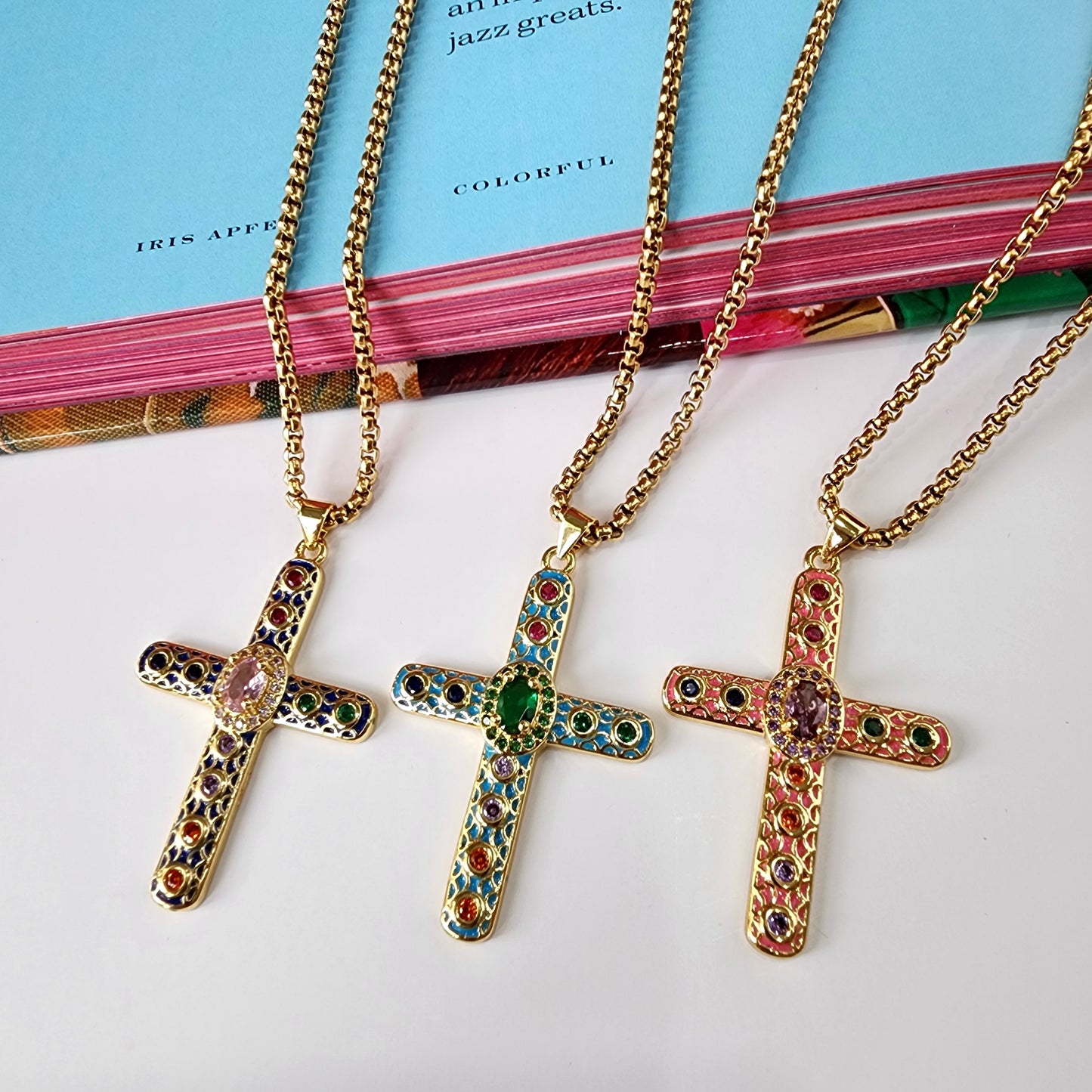 Enamel Jeweled Cross Necklace