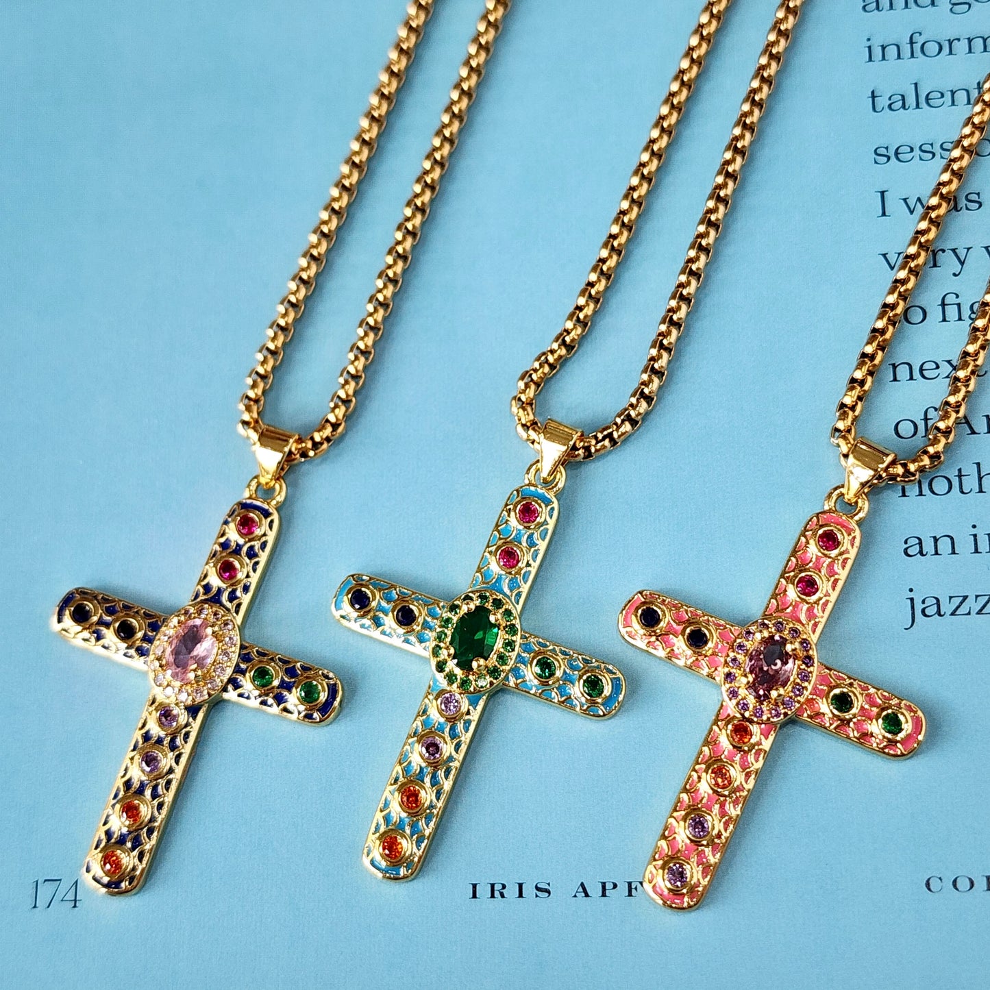 Enamel Jeweled Cross Necklace