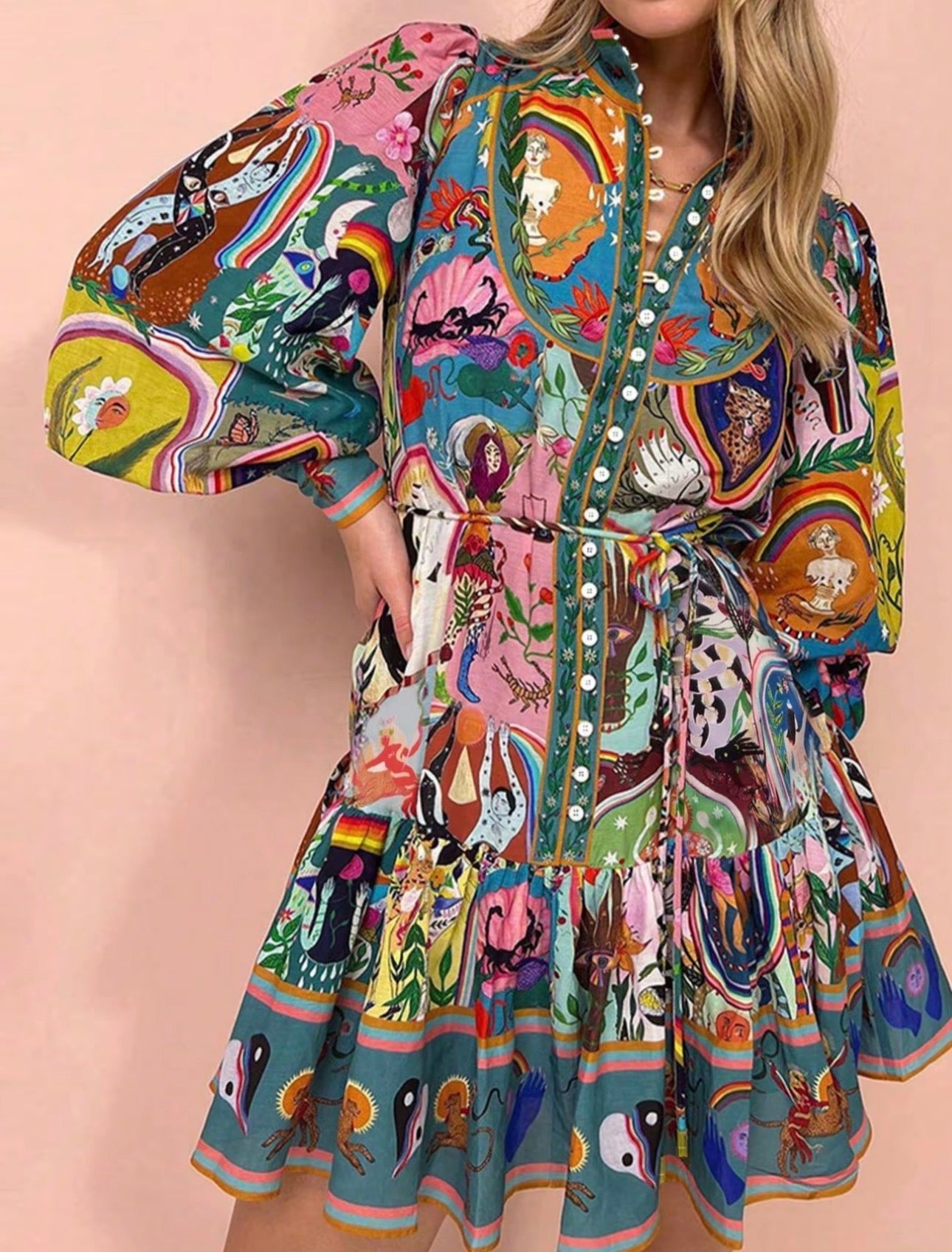 Bohemian Vintage Style Printed Dress Ruffle Hem, Waist-Tied Design, Elegant Round Neck for Summer & Spring