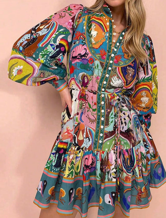 Bohemian Vintage Style Printed Dress Ruffle Hem, Waist-Tied Design, Elegant Round Neck for Summer & Spring