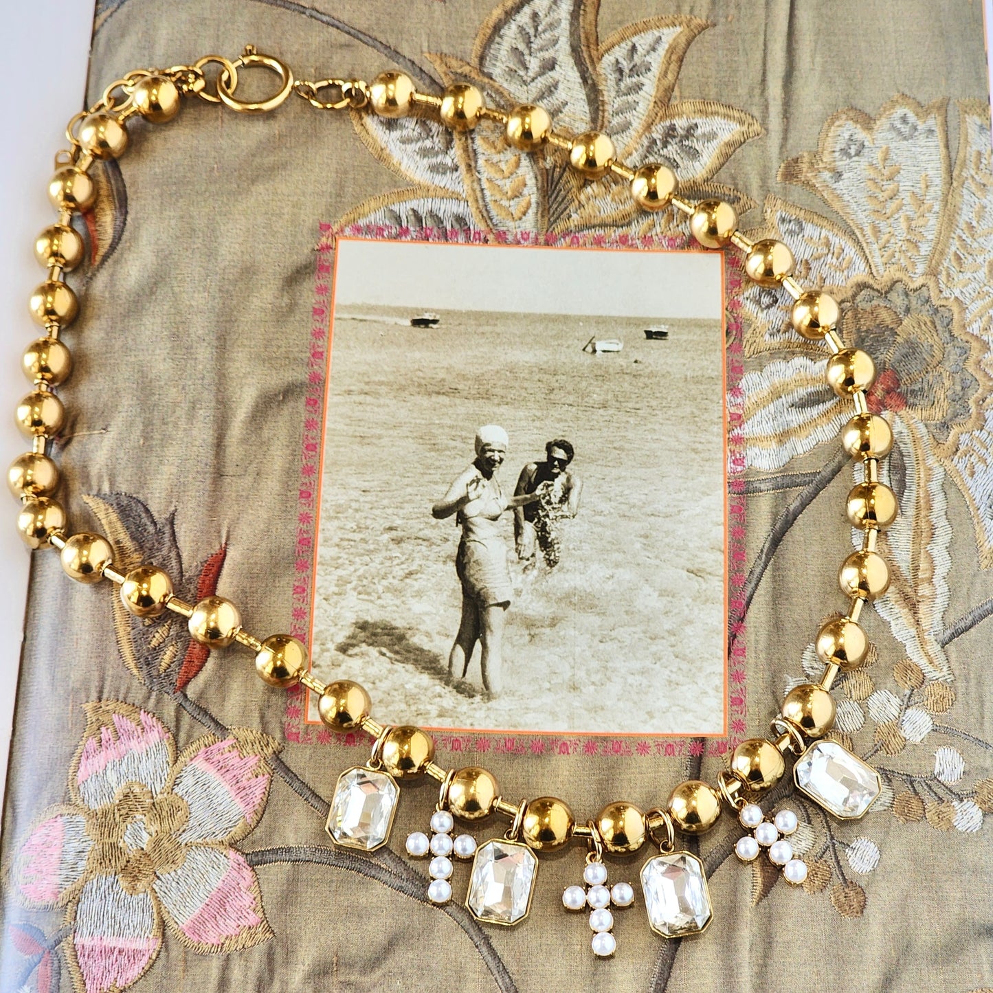 The Grace Crystal & Pearls Cross Charm Necklace
