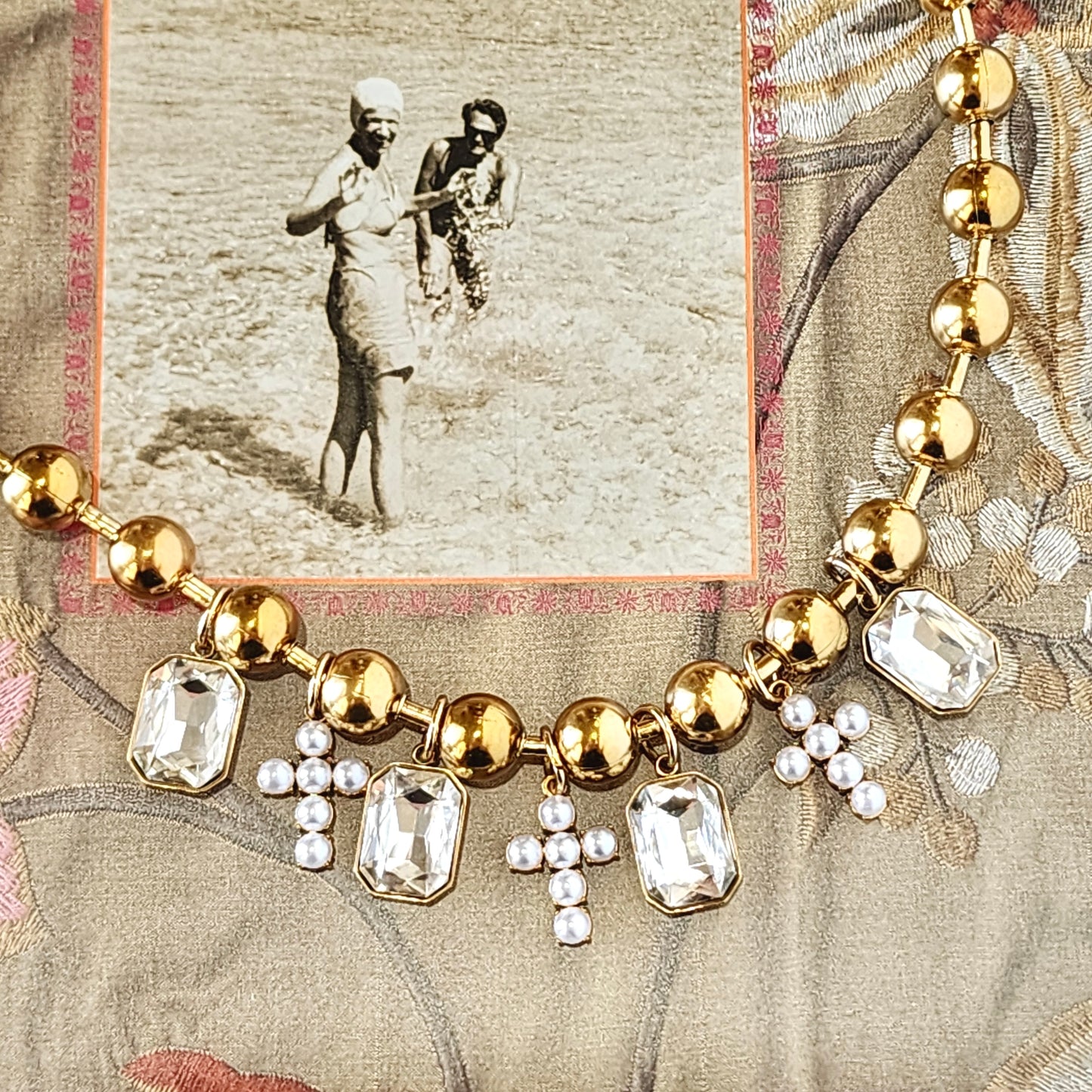 The Grace Crystal & Pearls Cross Charm Necklace