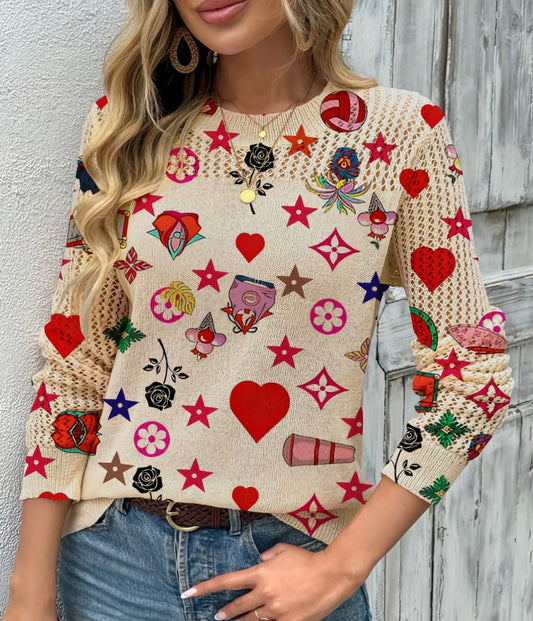 Women's Geometric Print Round Neck Knit Top, Casual Long Sleeve Knitwear for Daily Wear