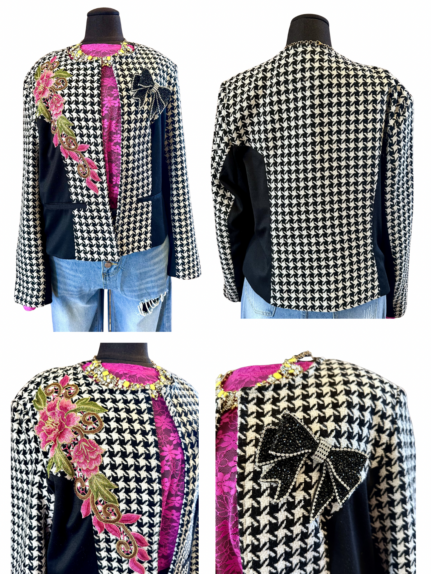 Houndstooth Jacket with Embroidery and Bow Brooch- XL