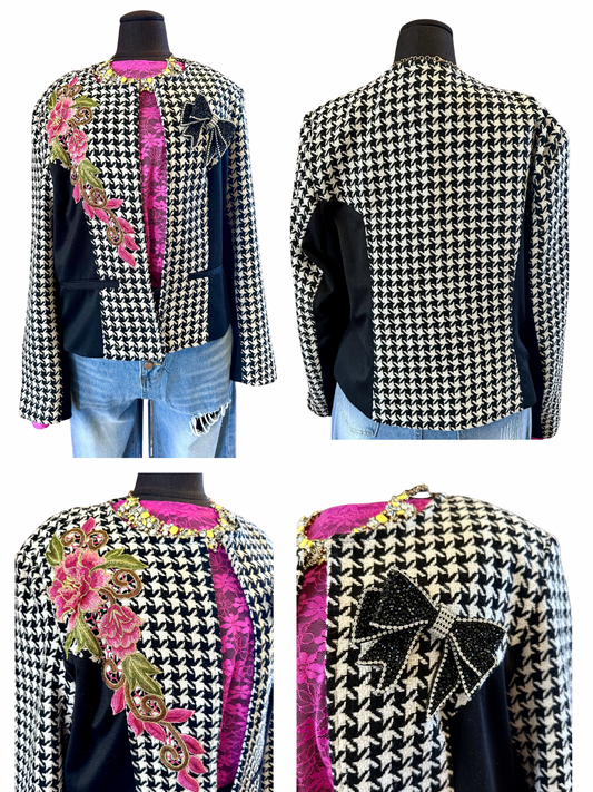 Houndstooth Jacket with Embroidery and Bow Brooch- XL