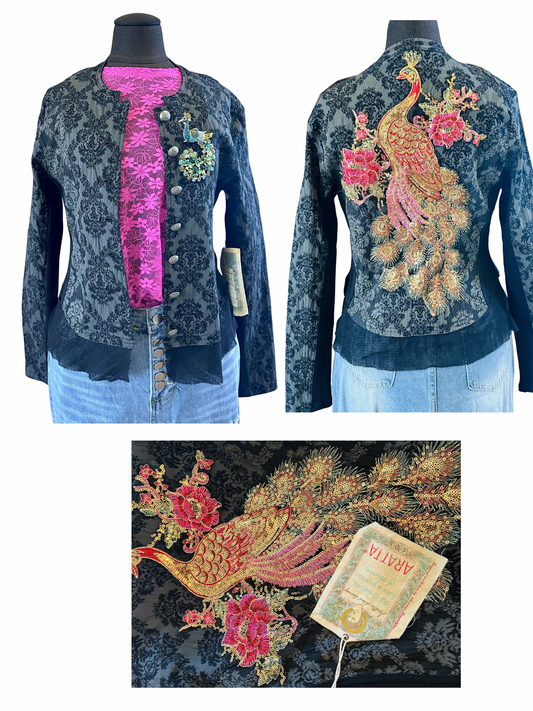 Aratta Brocade Jacket with Sequin Peacock and Brooch Small