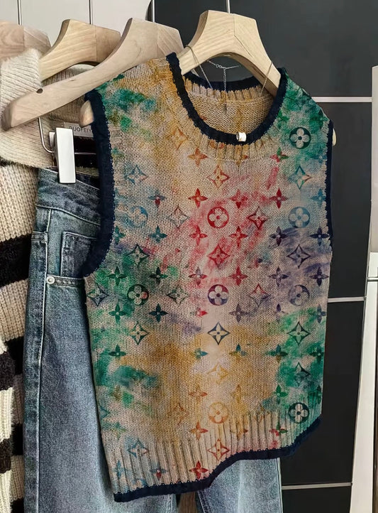 Women's Casual Loose-Fitting Round Neck Sleeveless Knit Top, Spring Summer Fall, Deep Blue Gradient Geometric Print Sweater XL
