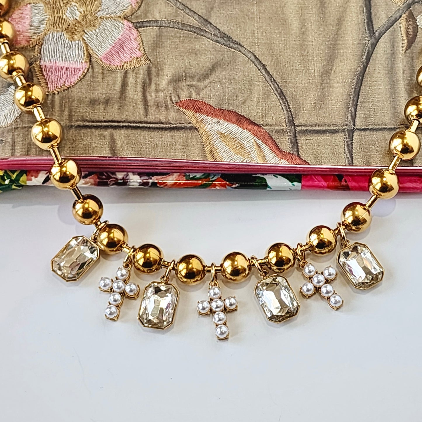 The Grace Crystal & Pearls Cross Charm Necklace