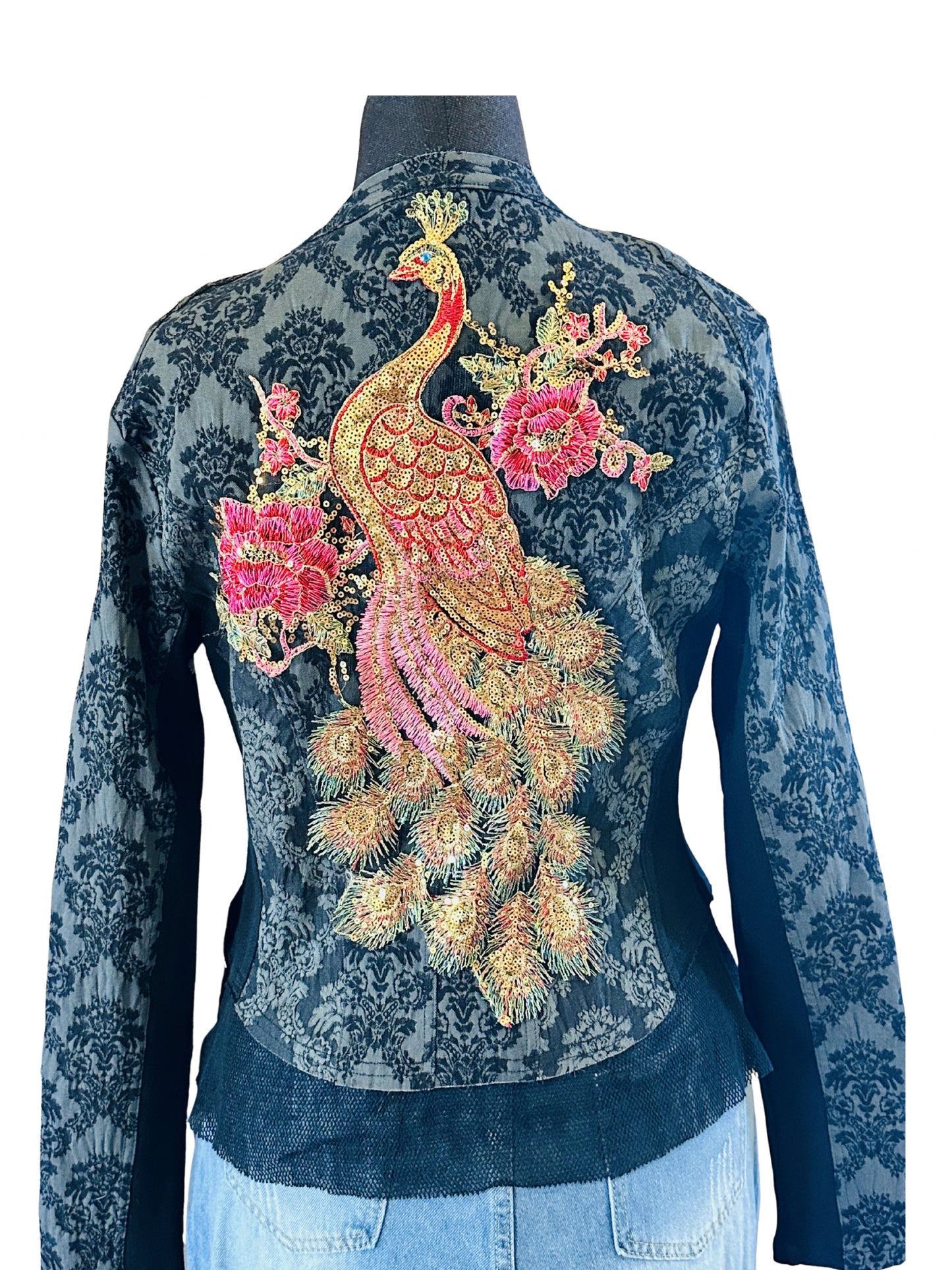 Aratta Brocade Jacket with Sequin Peacock and Brooch Small