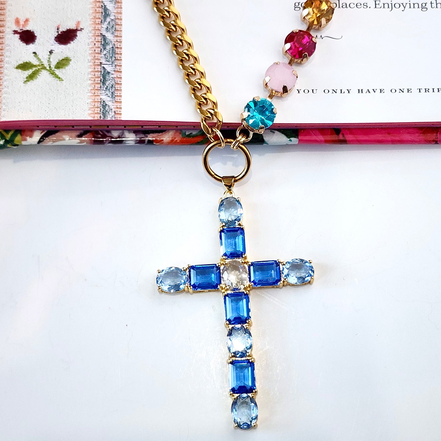 The Avalon Blue Crystal Cross Necklace