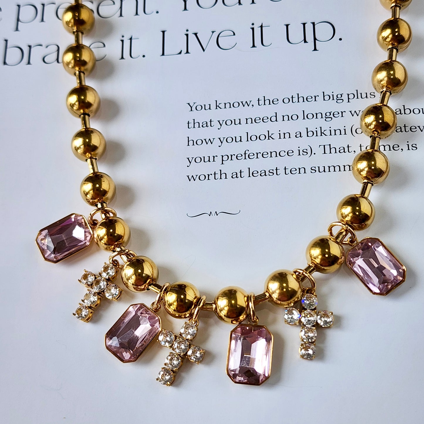 Adorned in Crosses Pink Crystal Necklace