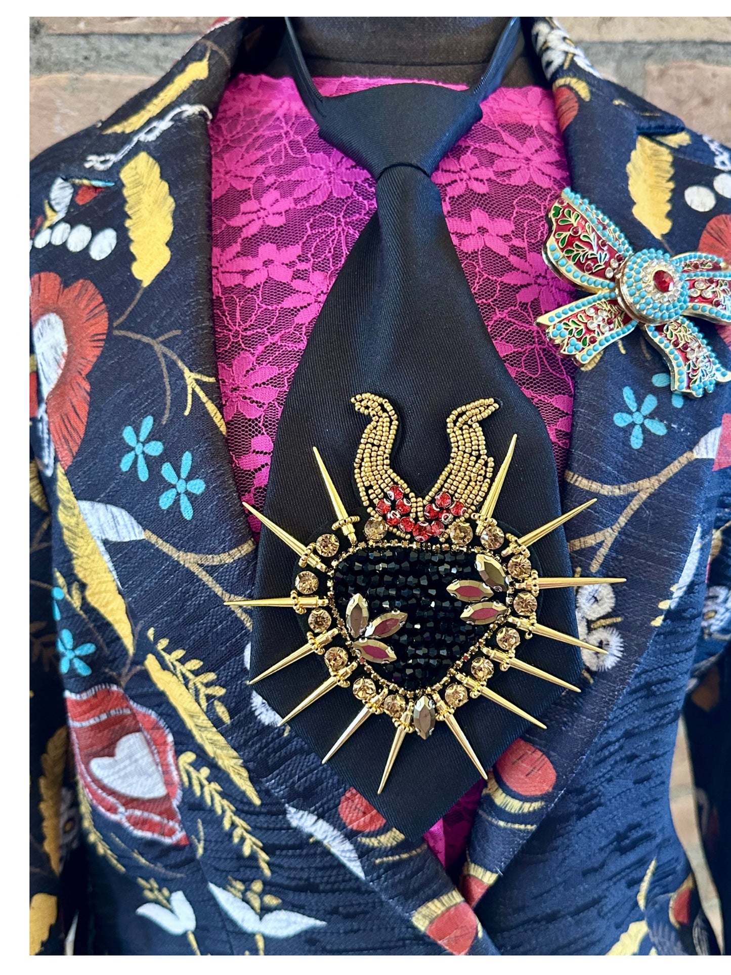 Embroidered Jacket with Tie and Brooch-Small