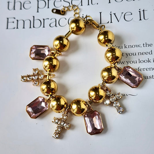 Adorned in Crosses Bracelet Pink Crystals