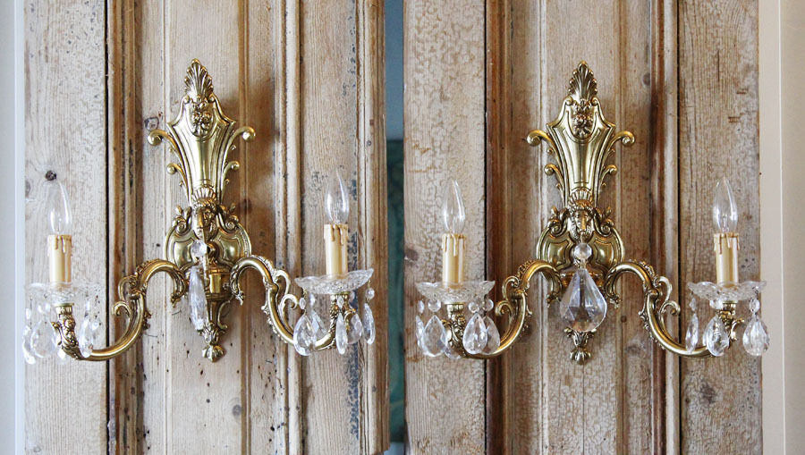 Antique Incredible Pair Brass 2 Arm Wall Sconces Figural Gorgeous