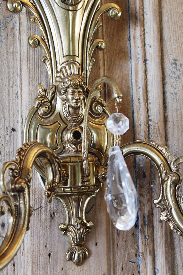 Antique Incredible Pair Brass 2 Arm Wall Sconces Figural Gorgeous