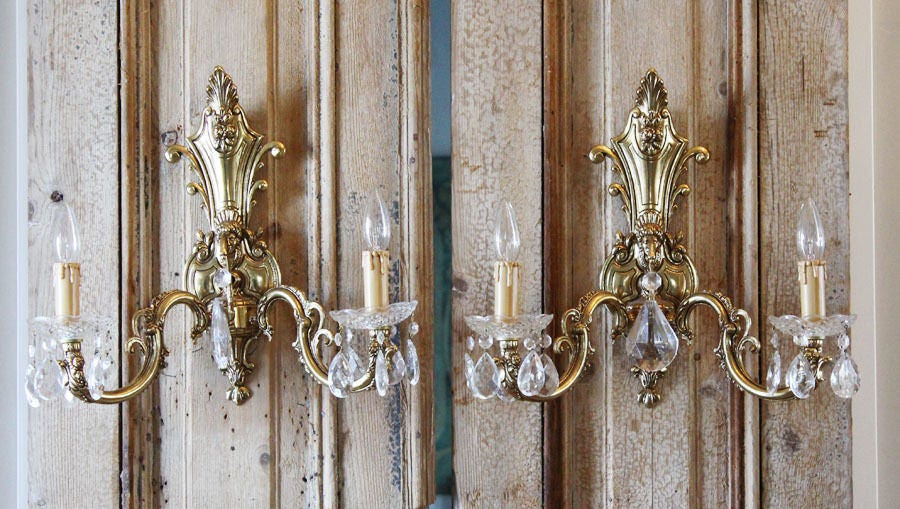 Antique Incredible Pair Brass 2 Arm Wall Sconces Figural Gorgeous