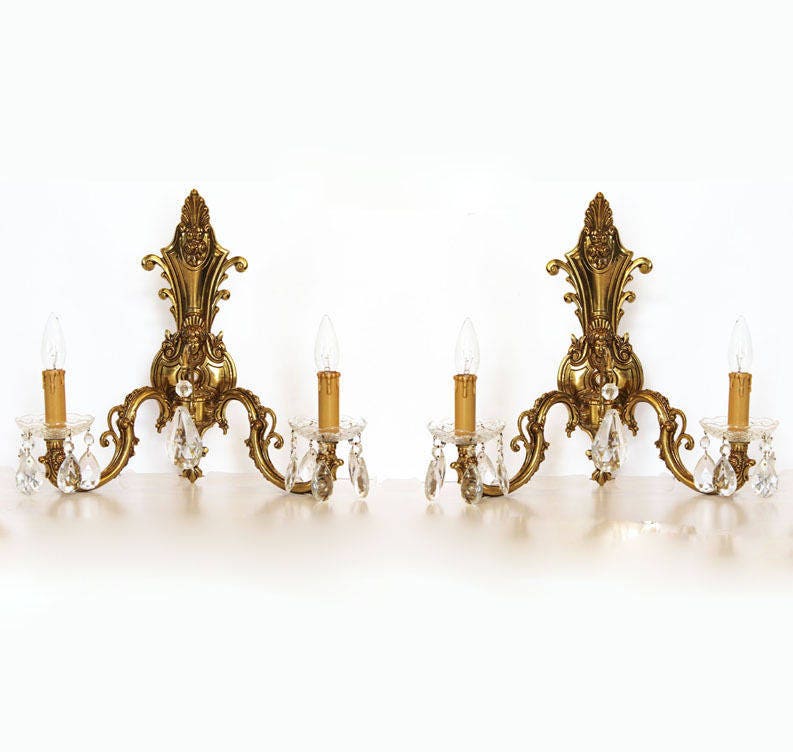Antique Incredible Pair Brass 2 Arm Wall Sconces Figural Gorgeous