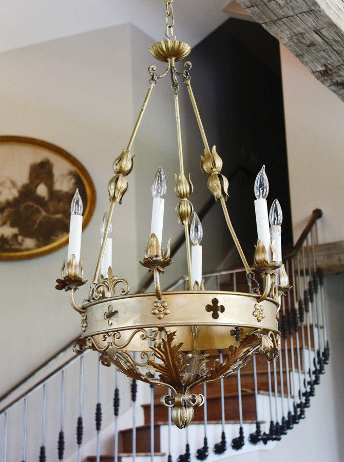 Antique Italian Tole Gilt Crown Shaped Chandelier Beautiful