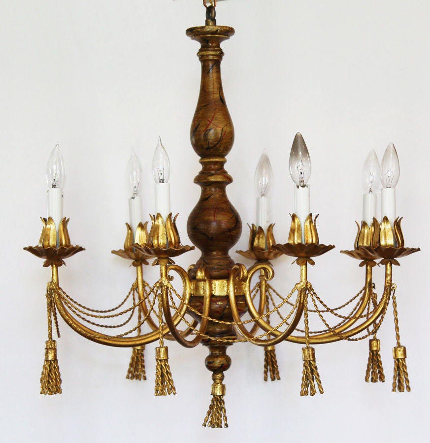 Antique Italian Tole Gilt Metal Tassles Chandelier