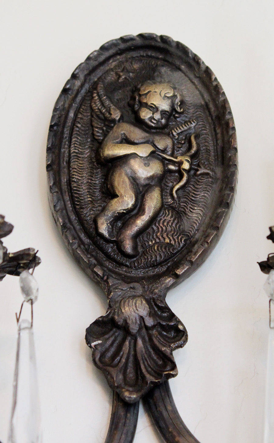 French Antique Cherub Putti Bronze Wall Sconces w/Prisms