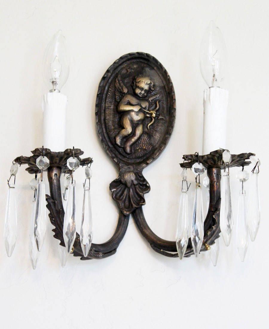French Antique Cherub Putti Bronze Wall Sconces w/Prisms