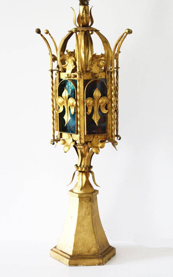Pair Italian Tole Crown Table Lamps w/Stain Glass Antique Vintage Gilt Metal