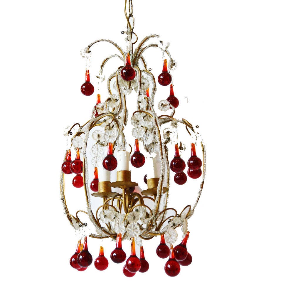 RARE ANTIQUE ITALIAN beaded chandelier red drops birdcage frame macaroni beaded