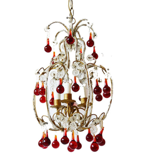RARE ANTIQUE ITALIAN beaded chandelier red drops birdcage frame macaroni beaded