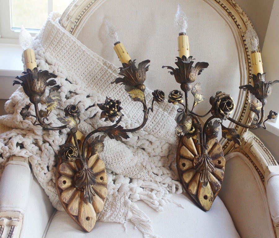 Rare Antique Italian Carved Wood and Tole Wall Sconce Pair
