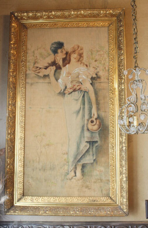 Xlrg Breathtaking Late 1800s Lovers Painting Original Water Gilt Frame Antique