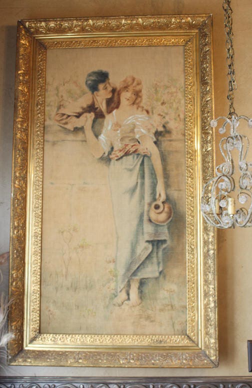 Xlrg Breathtaking Late 1800s Lovers Painting Original Water Gilt Frame Antique