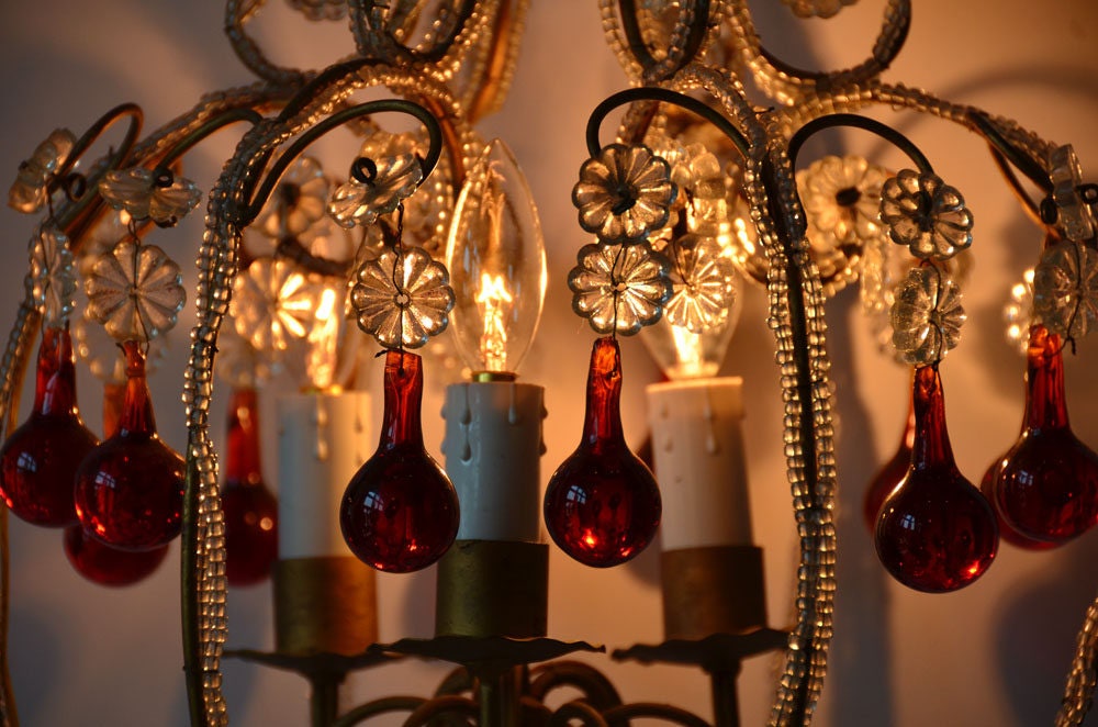 RARE ANTIQUE ITALIAN beaded chandelier red drops birdcage frame macaroni beaded