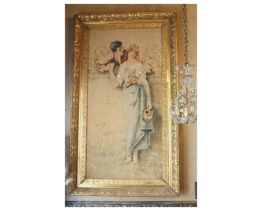 Xlrg Breathtaking Late 1800s Lovers Painting Original Water Gilt Frame Antique