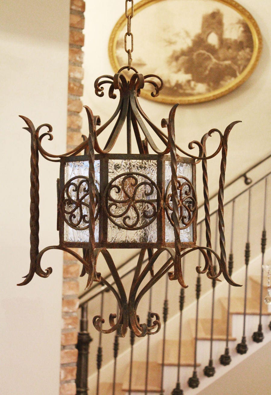 1800s French Antique Hand Wrought Iron Hanging Lantern Light