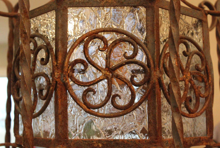 1800s French Antique Hand Wrought Iron Hanging Lantern Light